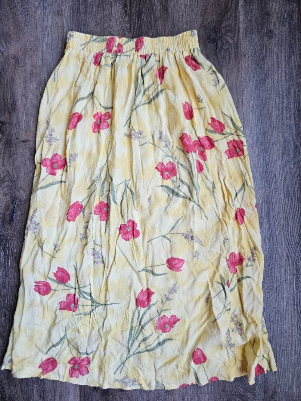 yellow vintage made in usa floral print maxi skirt spring summer women's medium